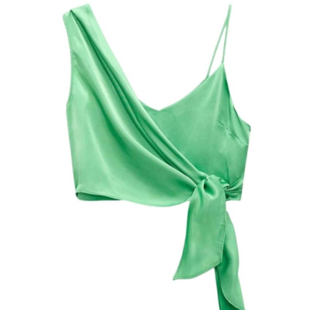 Zara Satin Asymmetric Top Intense Green NWT Size XS - Picture 4 of 5